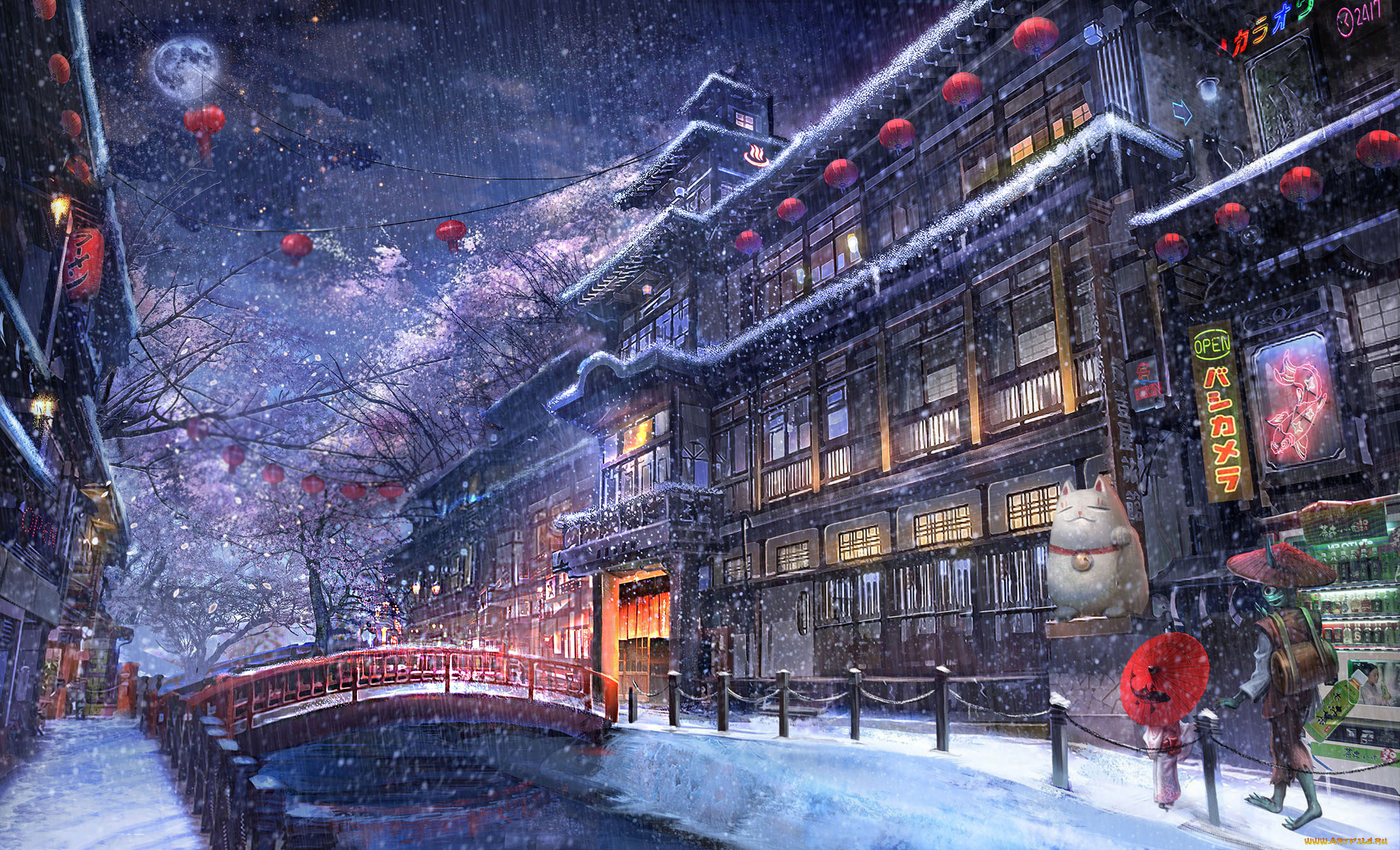 аниме, город, улицы, интерьер, здания, фон, снег.